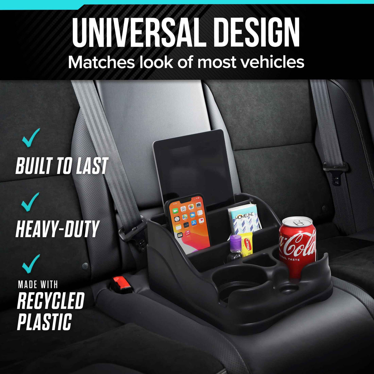 Moblorg Small Center Console for Cars, Trucks, Minivans, SUVs, Vehicle Organizer, Cup Holders, Recycled Plastic, Made in USA (Black) 🍁 All In One Marketplace Canada