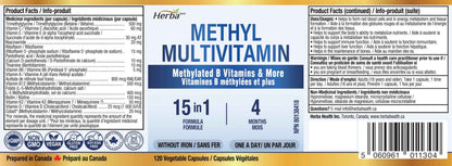 Herba Methylated Multivitamin with 500mg TMG & Methylated B Complex - 120 Capsules | 15 in 1 Formula | B Complex Vitamins for Women & Men including Methyl Folate Supplement | Vegan | Made in Canada 🍁 All In One Marketplace Canada