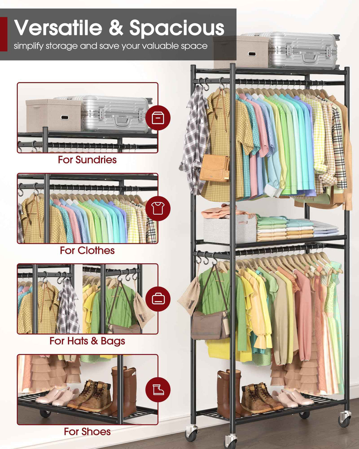 Sakugi Clothing Rack - Coat Rack with Shelves & Wheels, Multi-Functional Clothes Rack with Hooks, Sturdy Metal Garment Shelf for Bedroom, Laundry, Balcony, 84W × 31D × 202H cm, Black 🍁 All In One Marketplace Canada