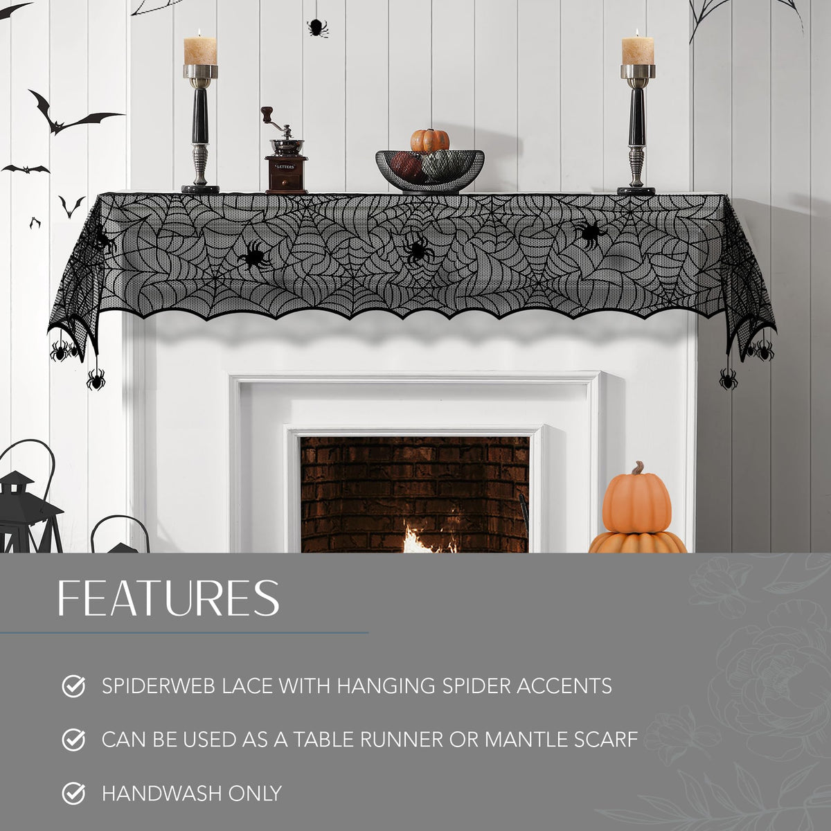 Elrene Home Fashions Crawling Halloween Spider Lace Table Runner, 13" x 70", Black