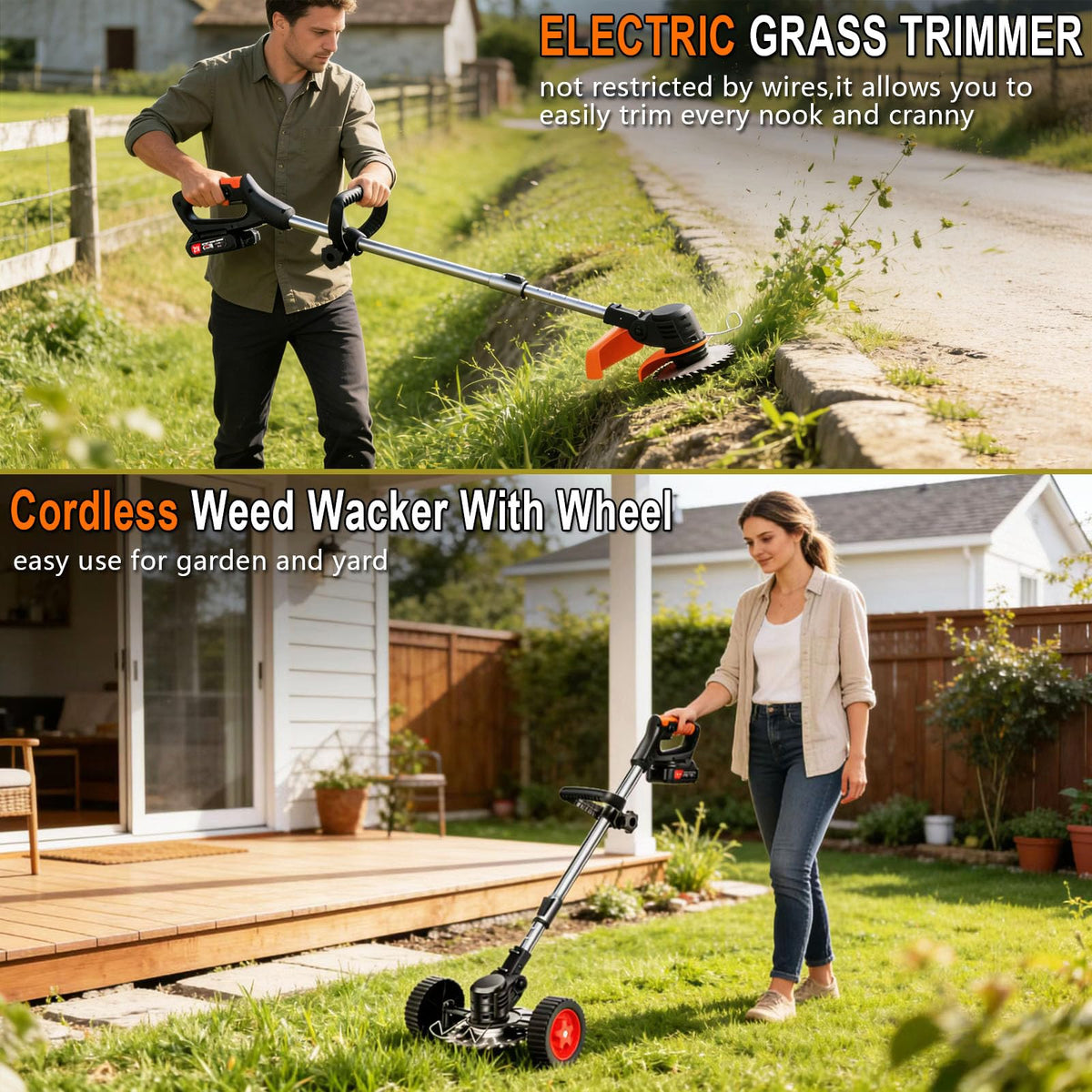 21V Cordless Weed Wacker for Thick Weeds, Lawn & Yard, 3-in-1 String Trimmer/Edger/Brush Cutter with 2 Batteries, 4 Blades & Wheels, 90° Pivot Head, Adjustable Height, Lightweight Easy for Homeowners 🍁 All In One Marketplace Canada