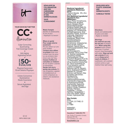 IT Cosmetics Your Skin But Better CC+ Cream Illumination, Fair Light (W) - Color Correcting Cream, Full-Coverage Foundation, Anti-Aging Serum & SPF 50+ Sunscreen - Radiant Finish - 1.08 fl oz 🍁 All In One Marketplace Canada