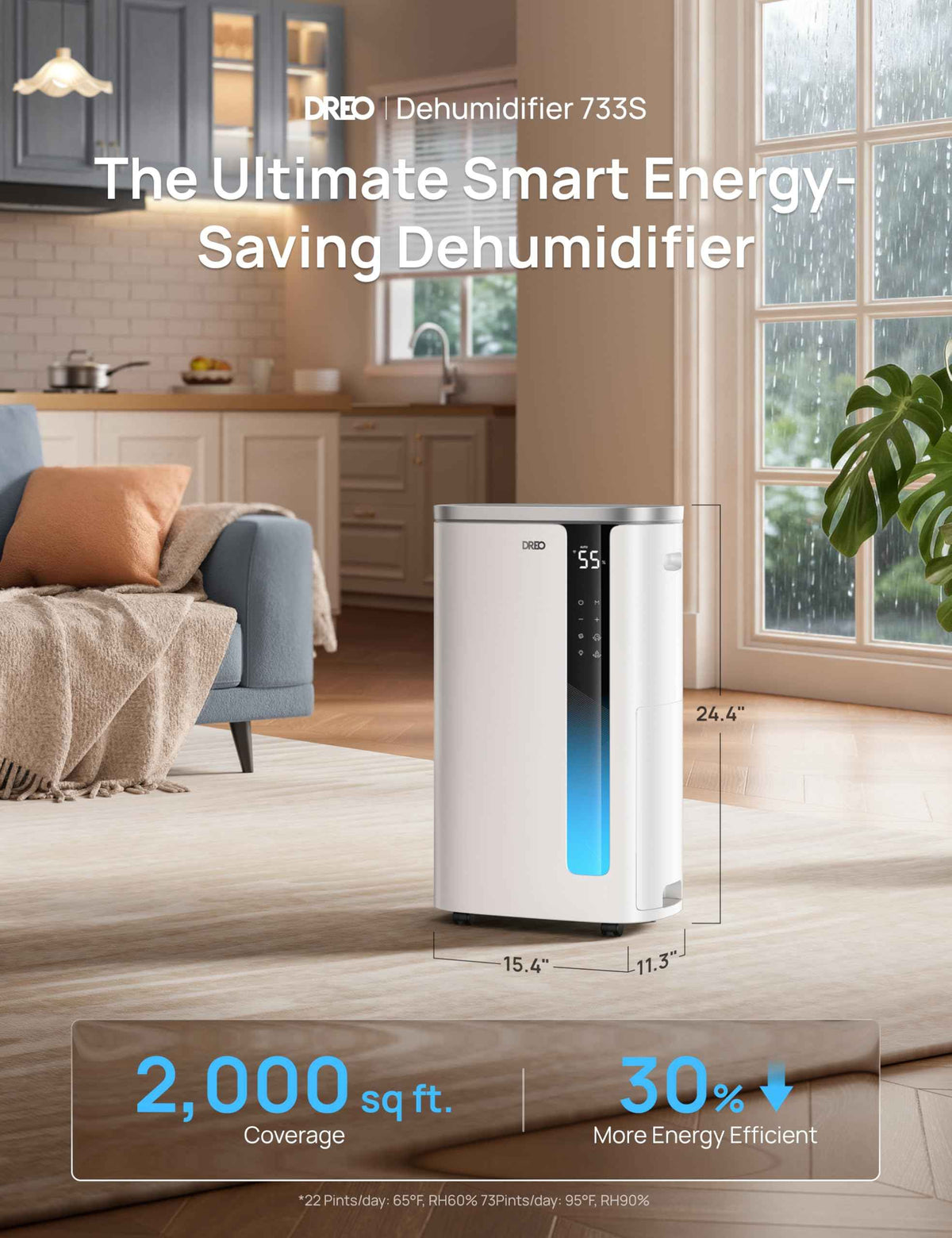 DREO 73 Pint Smart Dehumidifiers for Basements, Energy Star 6.0 Dehumidifier, Quiet 41dB, Auto Humidity Control, 3 Fan Speeds, 24H Timer, with Drain Hose, for Home up to 2000 Sq Ft, Bathroom & Bedroom 🍁 All In One Marketplace Canada