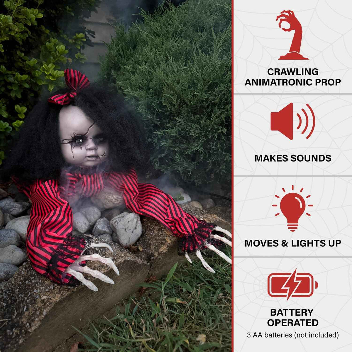 Haunted Hill Farm Scary Haunted Crawling Baby Doll, Halloween Animatronic with Touch Activated Lights and Sound, Battery Operated Indoor or Covered Outdoor Halloween Decorations, Creepy Fright Props