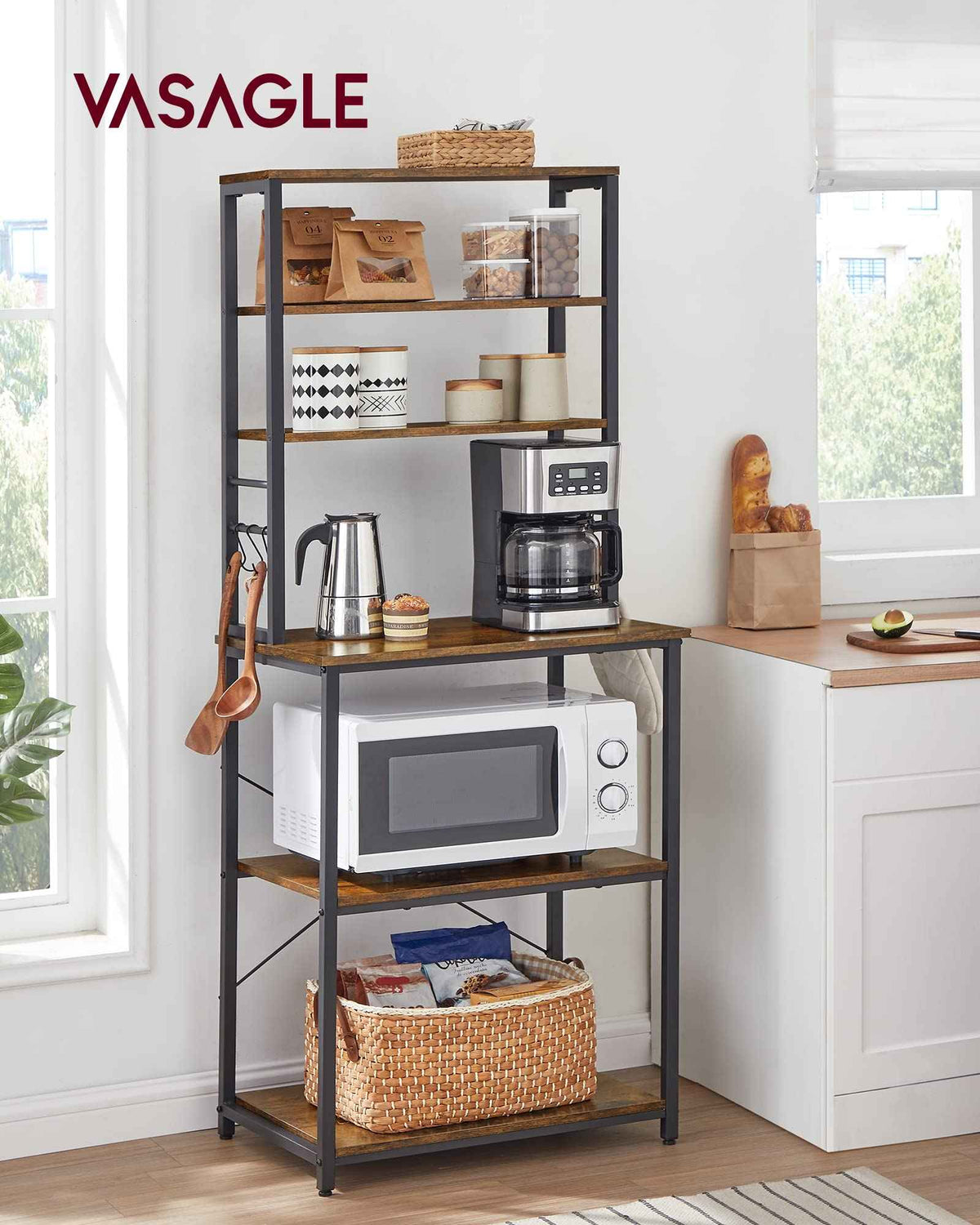 VASAGLE Coffee Bar, Baker’s Rack for Kitchen with Storage, 6-Tier Kitchen Shelves with 6 Hooks, Microwave Stand, Industrial, 15.7 x 23.6 x 65.7 Inches, Rustic Brown and Black UKKS024B01 🍁 All In One Marketplace Canada