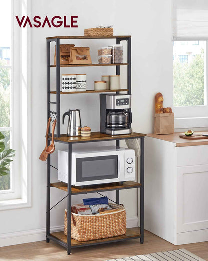 VASAGLE Coffee Bar, Baker’s Rack for Kitchen with Storage, 6-Tier Kitchen Shelves with 6 Hooks, Microwave Stand, Industrial, 15.7 x 23.6 x 65.7 Inches, Rustic Brown and Black UKKS024B01 🍁 All In One Marketplace Canada