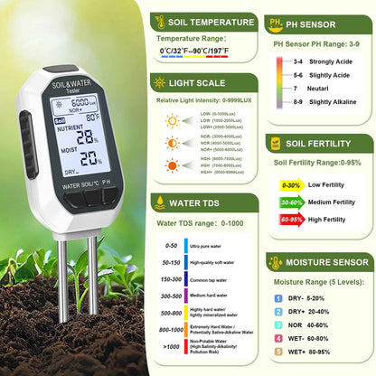 7-in-1 Soil＆Water Meter Digital Plant Temperature/Soil Moisture/PH Meter/Sunlight Intensity/Fertility/EC/TDS Backlight LCD Display Soil Test Meter TDS EC Meter for Garden Indoor Outdoor 🍁 All In One Marketplace Canada