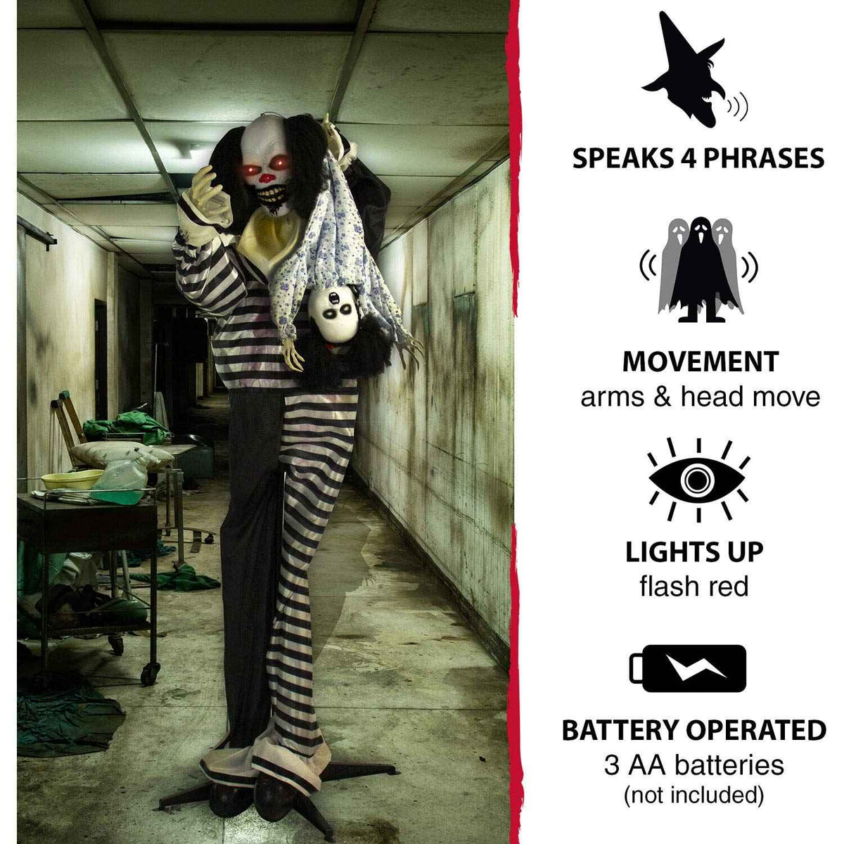 Haunted Hill Farm Life-Size Animatronic Scary Talking Clown with Doll, Motion, Touch Activated Lights, and Sounds, Indoor or Covered Outdoor Halloween Decorations, Battery Operated Halloween Props