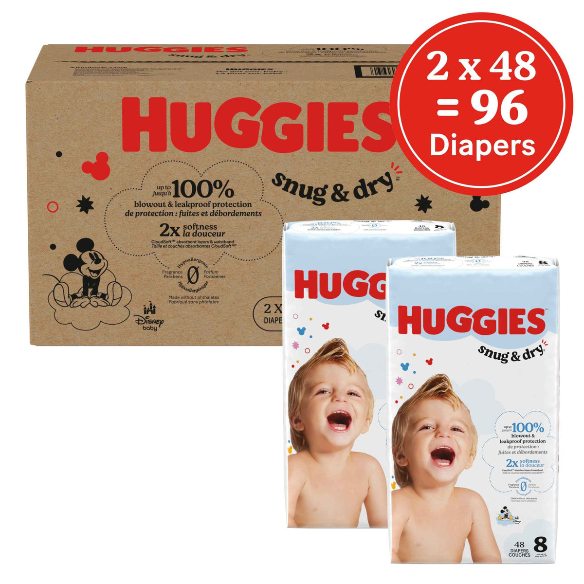 Huggies Size 8 Diapers, Snug & Dry Baby Diapers, Size 8 (45+ lbs), 96 Count (2 Packs of 48), Packaging May Vary 🍁 All In One Marketplace Canada
