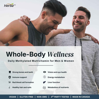 Herba Methylated Multivitamin with 500mg TMG & Methylated B Complex - 120 Capsules | 15 in 1 Formula | B Complex Vitamins for Women & Men including Methyl Folate Supplement | Vegan | Made in Canada 🍁 All In One Marketplace Canada