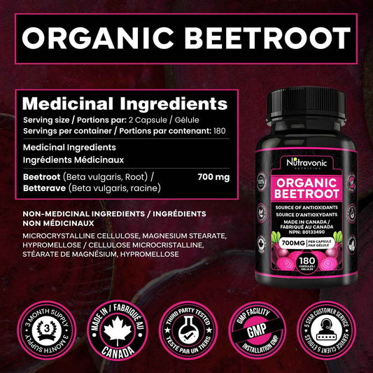 *BONUS SIZE* 180 Capsules of High Potency Organic Beetroot Capsules | 1,400mg per serving (700mg per capsule x2) Canadian Made Beet Root Powder | Antioxidant Support | Support Active Energy Lifestyle | A Natural Super Food | Quality Assured