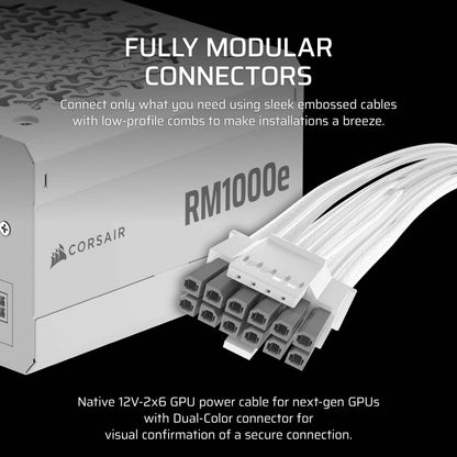 CORSAIR RM1000e (2025) Fully Modular Low-Noise ATX Power Supply with 12V-2x6 Cable – ATX 3.1 & PCIe 5.1 Compliant, Cybenetics Gold Efficiency, 105°C-Rated Capacitors, Modern Standby Mode – White 🍁 All In One Marketplace Canada