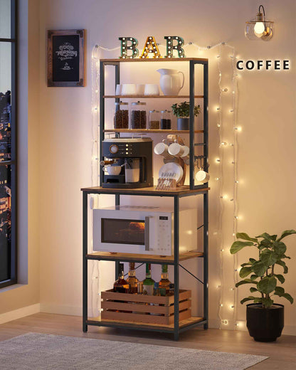 VASAGLE Coffee Bar, Baker’s Rack for Kitchen with Storage, 6-Tier Kitchen Shelves with 6 Hooks, Microwave Stand, Industrial, 15.7 x 23.6 x 65.7 Inches, Rustic Brown and Black UKKS024B01 🍁 All In One Marketplace Canada