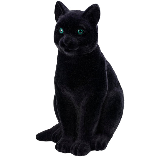 Primitives by Kathy Figurine - Fuzzy Black Cat, Decorative Figurine from Our Halloween Collection displaying a Vintage Black cat Design with Flocking for a Fuzzy Finish & deep Green Eyes