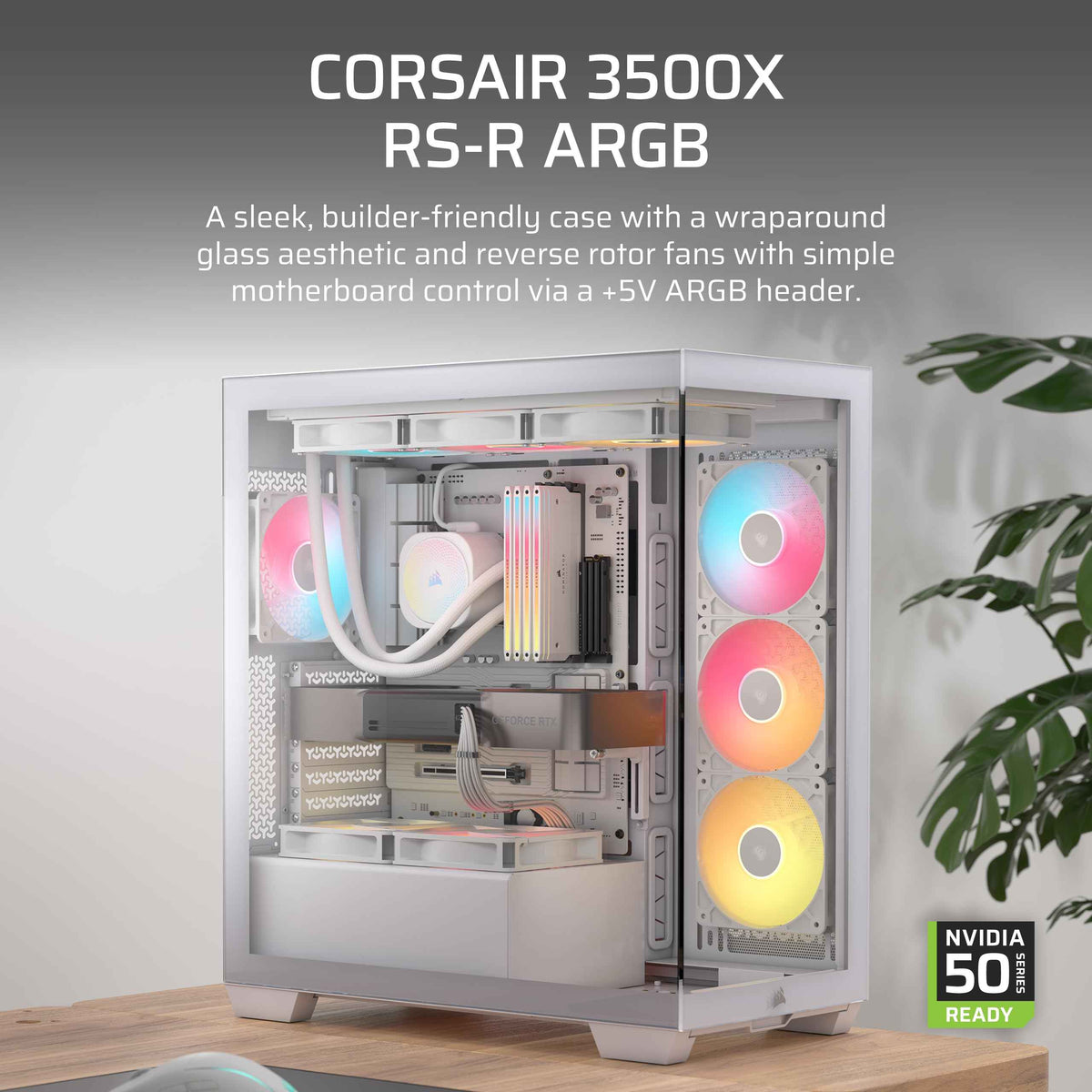 CORSAIR 3500X RS-R ARGB Mid-Tower PC Case – 3X Pre-Installed RS120-R ARGB Fans, GPU Anti-Sag Arm, Fits up to 10x 120mm Fans, Reverse Connection Motherboard Compatible – White 🍁 All In One Marketplace Canada