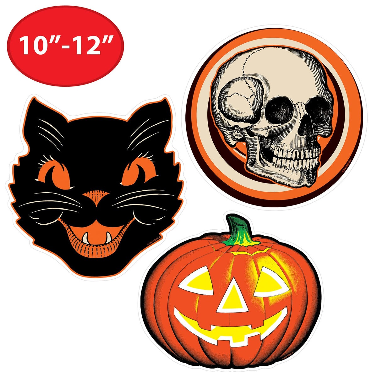 Beistle Set of 6 Plastic Vintage Halloween Cutouts, 10”-12”, Jack-O-Lantern, Cat, and Skull Designs