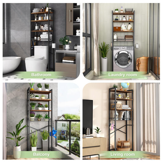 Over-The-Toilet Storage Rack, 4-Tier Bathroom Organizer Shelf Over Toilet with Adjustable Shelf and Basket, Freestanding Space Saver Bathroom Shelves Above Toilet for Room(Vintage Brown) 🍁 All In One Marketplace Canada