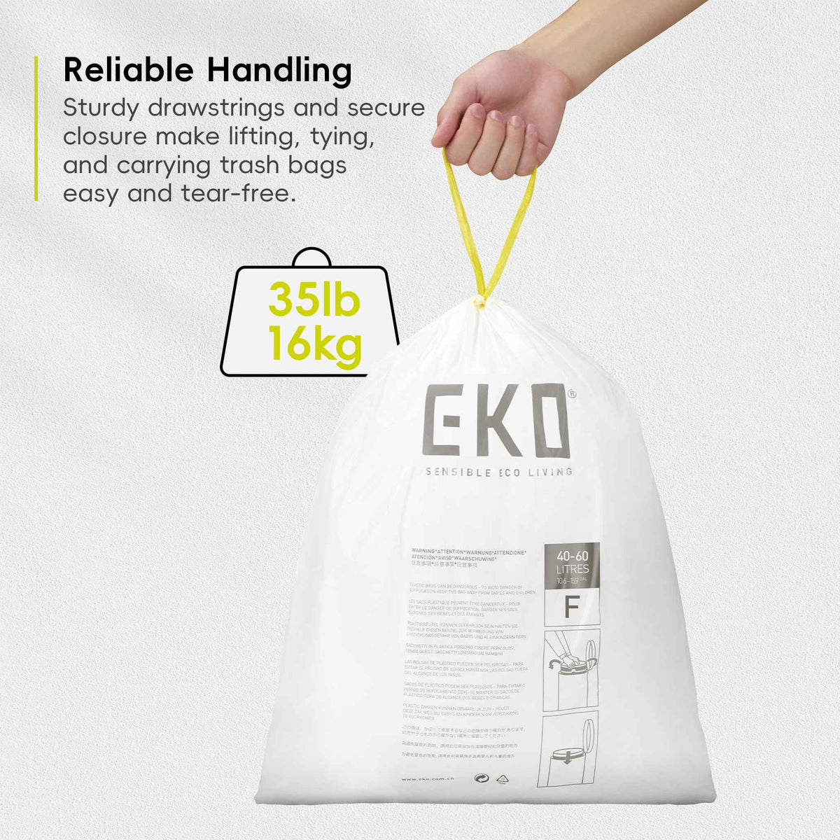 EKO 13 Gallon / 40-60 Liter Drawstring Trash Bags, Extra-Strong Unscented Garbage Bags, 60 Count Easy-Dispense Roll for Kitchen & Household Use, Leak-Resistant, Code F, White 🍁 All In One Marketplace Canada