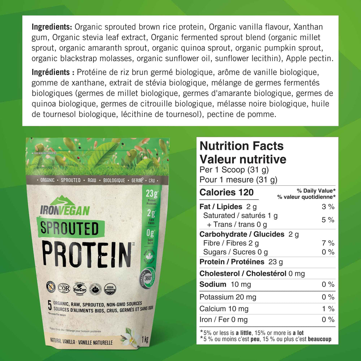 Iron Vegan Sprouted Protein, French Vanilla Flavour, 1kg | Vegan, plant-based, organic, gluten-free Brown (Pack of 1) 🍁 All In One Marketplace Canada