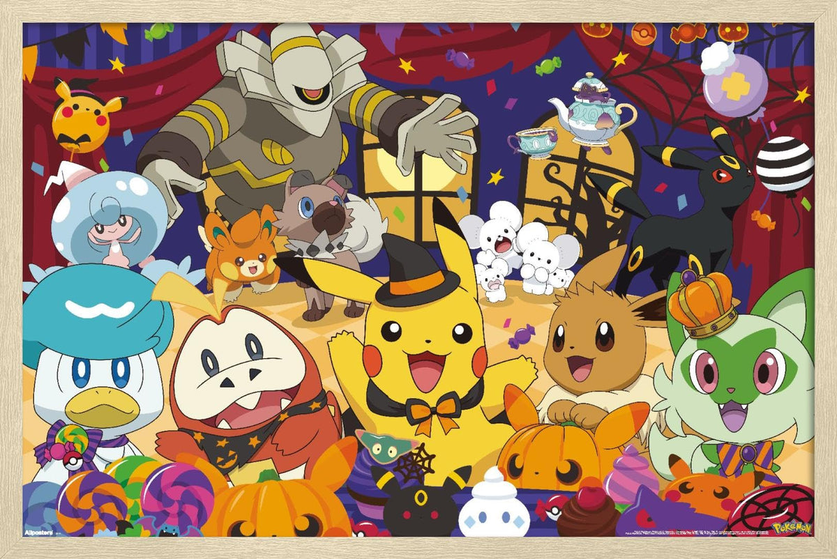 Pokémon: Halloween Party- Group Wall Poster, 22.4L" x 14.7W", Blonde Framed Version