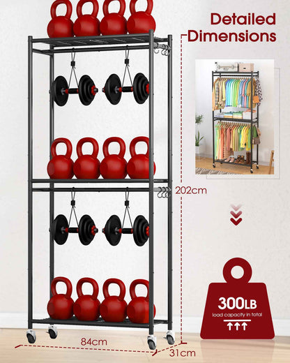 Sakugi Clothing Rack - Coat Rack with Shelves & Wheels, Multi-Functional Clothes Rack with Hooks, Sturdy Metal Garment Shelf for Bedroom, Laundry, Balcony, 84W × 31D × 202H cm, Black 🍁 All In One Marketplace Canada