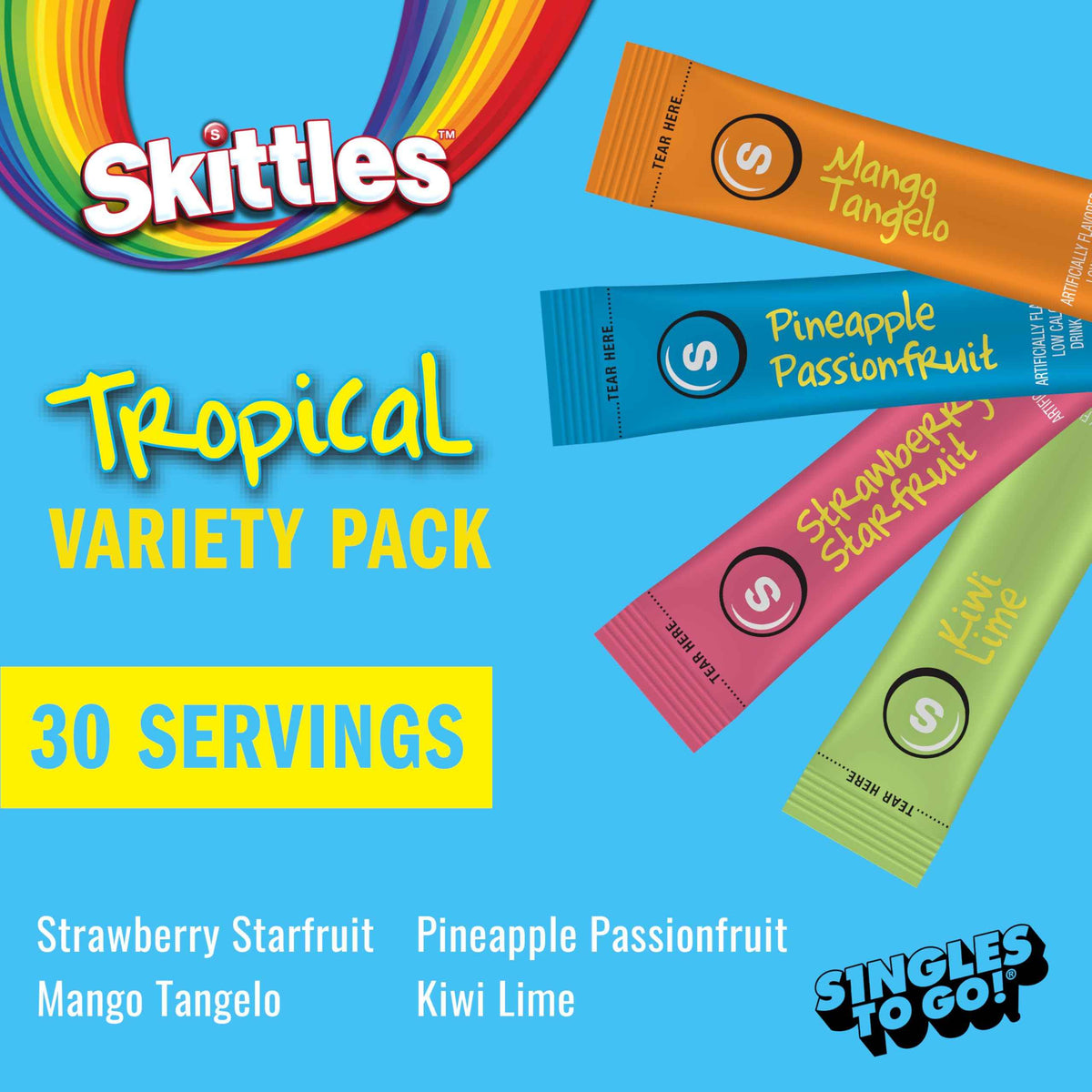 Skittles Singles To Go Tropical Flavors Variety Pack, Powdered Drink Mix, Includes 4 Flavors, Strawberry Starfruit, Mango Tangelo, Kiwi Lime, Pineapple Passionfruit, 1 Box (30 Single Servings) 🍁 All In One Marketplace Canada