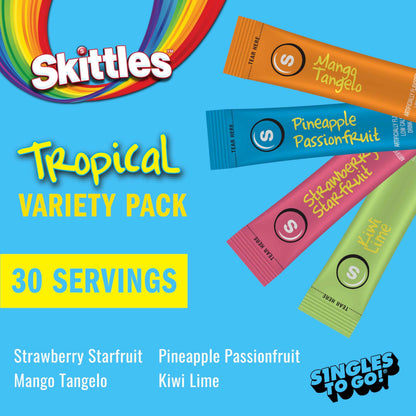 Skittles Singles To Go Tropical Flavors Variety Pack, Powdered Drink Mix, Includes 4 Flavors, Strawberry Starfruit, Mango Tangelo, Kiwi Lime, Pineapple Passionfruit, 1 Box (30 Single Servings) 🍁 All In One Marketplace Canada
