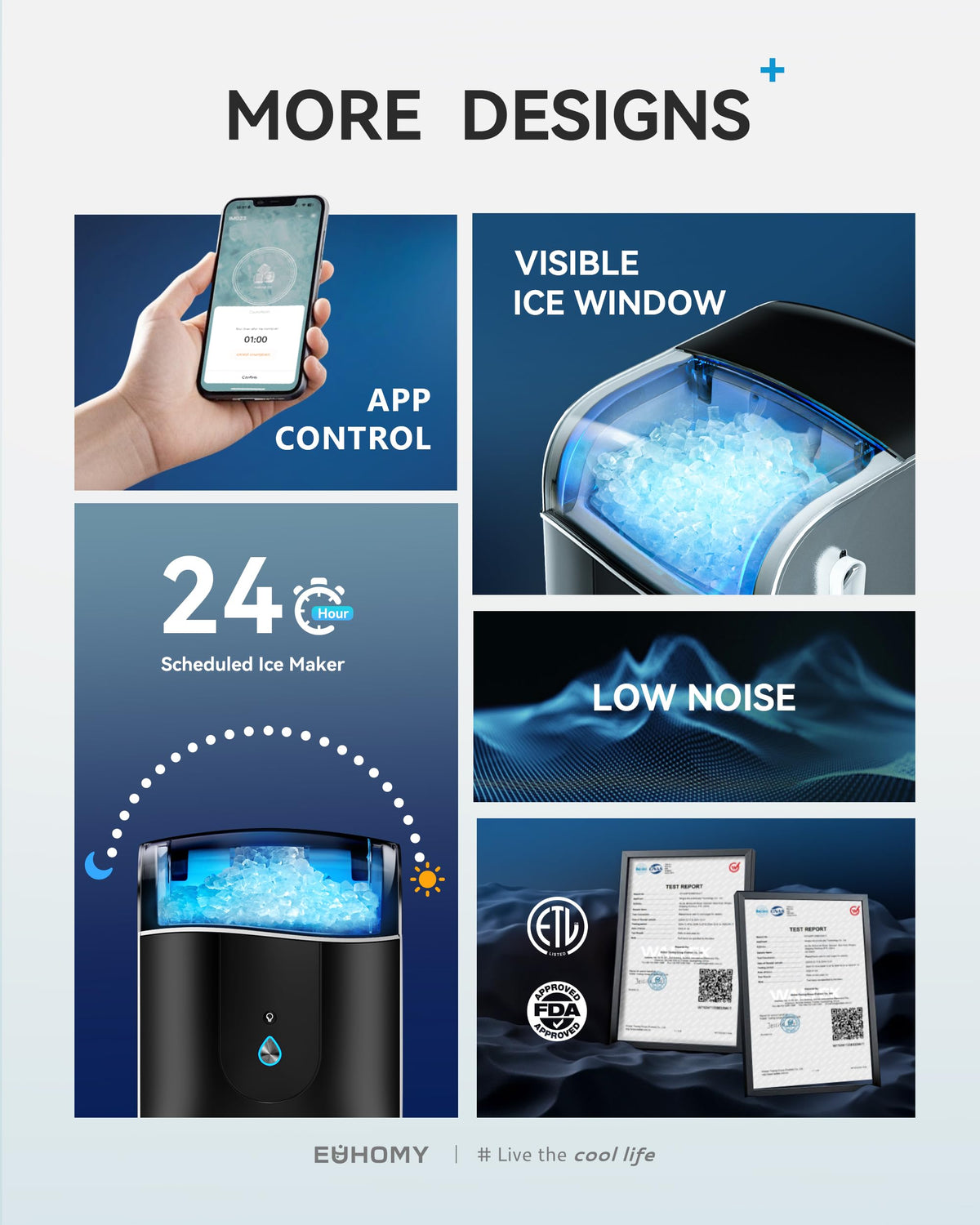 EUHOMY Smart Nugget Ice Maker Countertop, 40lbs/24H Sonic Ice Machine with APP Control, Ready in 8 Mins, Self-Cleaning Pebble Ice Machine for Home/Kitchen/Office