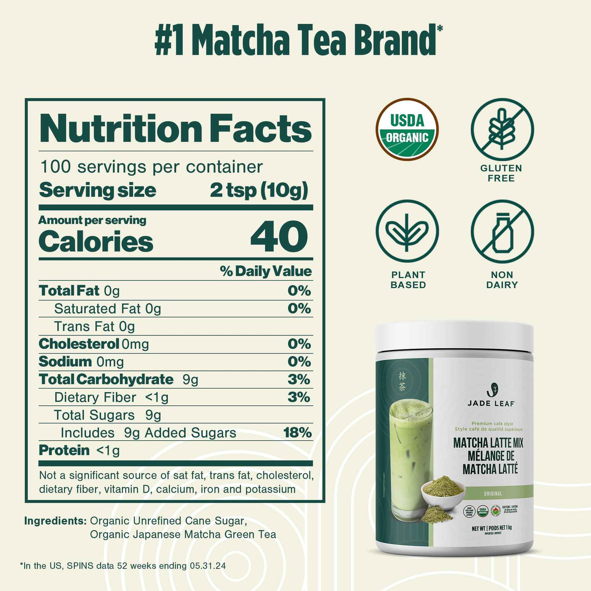 Jade Leaf Matcha Organic Matcha Latte Mix - Lightly Sweet Japanese Matcha Green Tea Powder with Organic Cane Sugar for Café Style Blend, 100 Servings (1kg Tub) 🍁 All In One Marketplace Canada
