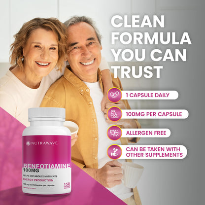 Nutrawave PURE *BONUS SIZE* 150 capsules HIGHEST POTENCY Benfotiamine Complex – 100mg, Thiamine B1 Supplement, Increased Energy, Nerve Support, All-Natural, Vegan, Gluten Free. 5-month supply 🍁 All In One Marketplace Canada