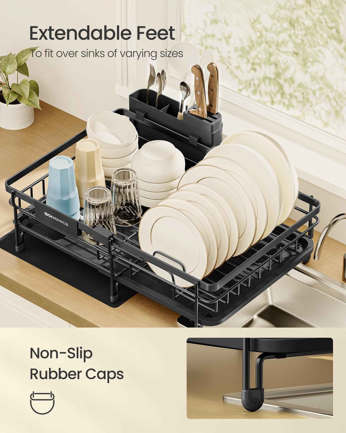 SONGMICS Dish Drainer Rack, Large Extendable Draining Board Rack for Small Spaces, 360° Rotating Extendable Spout, Kitchen Sink Drainer, Steel, 46.5 x 29.6 x 14 cm, Ink Black KCS556BH01 🍁 All In One Marketplace Canada