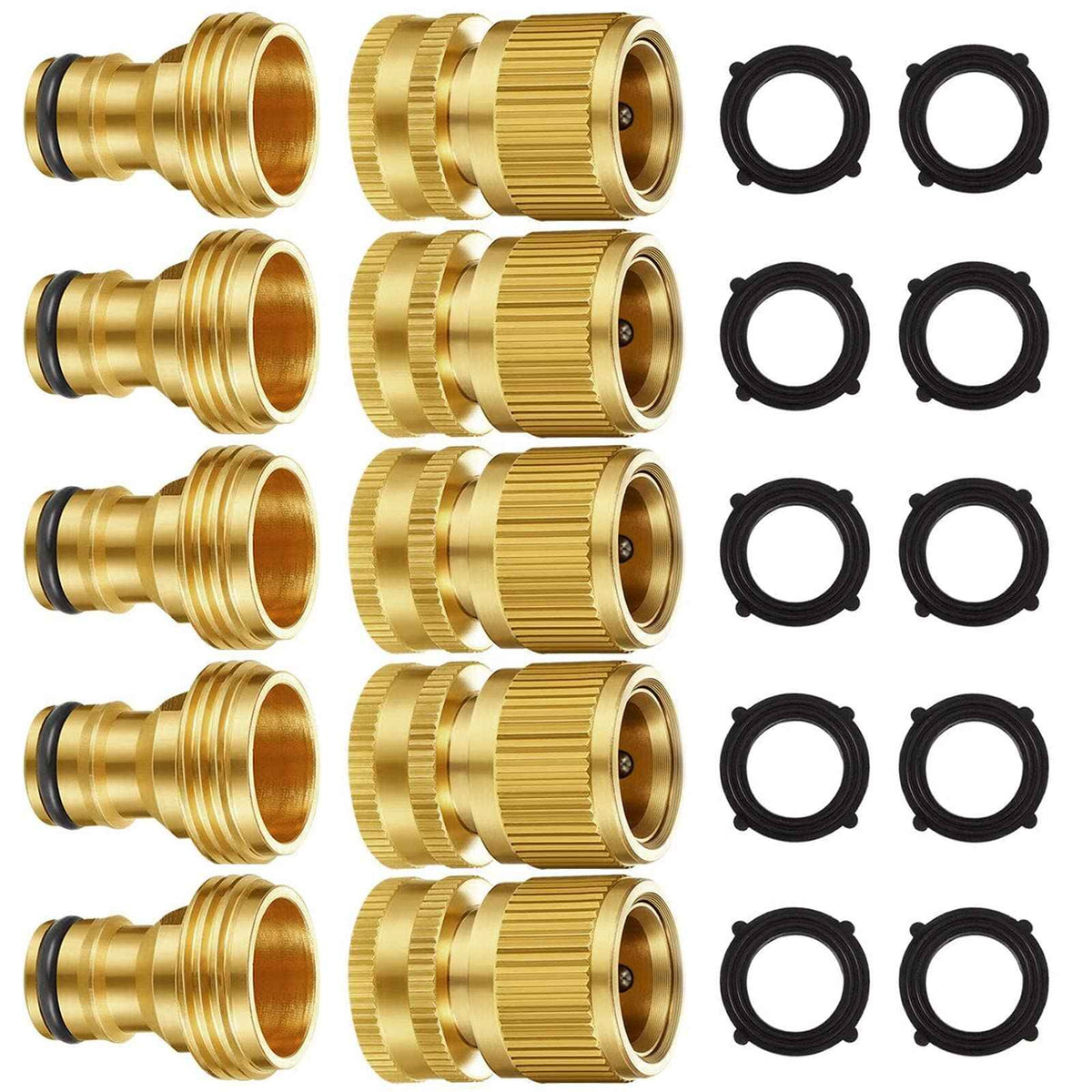 Garden Hose Quick Connectors, Solid Brass 3/4 inch GHT Thread Easy Connect Fittings No-Leak Water Hose Male Female Value Pack (5 Set) with 10pcs Extra Rubber 🍁 All In One Marketplace Canada