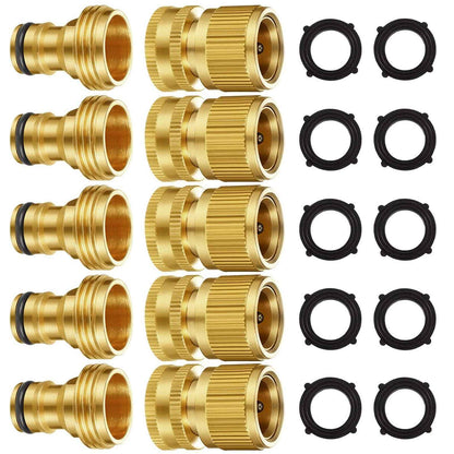 Garden Hose Quick Connectors, Solid Brass 3/4 inch GHT Thread Easy Connect Fittings No-Leak Water Hose Male Female Value Pack (5 Set) with 10pcs Extra Rubber 🍁 All In One Marketplace Canada
