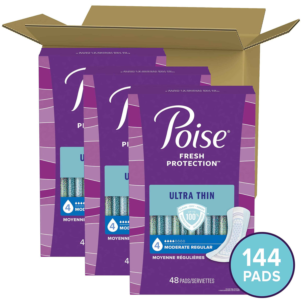 Poise Ultra Thin Incontinence Pads & Postpartum Incontinence Pads, 4 Drop Moderate Absorbency, Regular Length, 144 Count (3 Packs of 48) 🍁 All In One Marketplace Canada