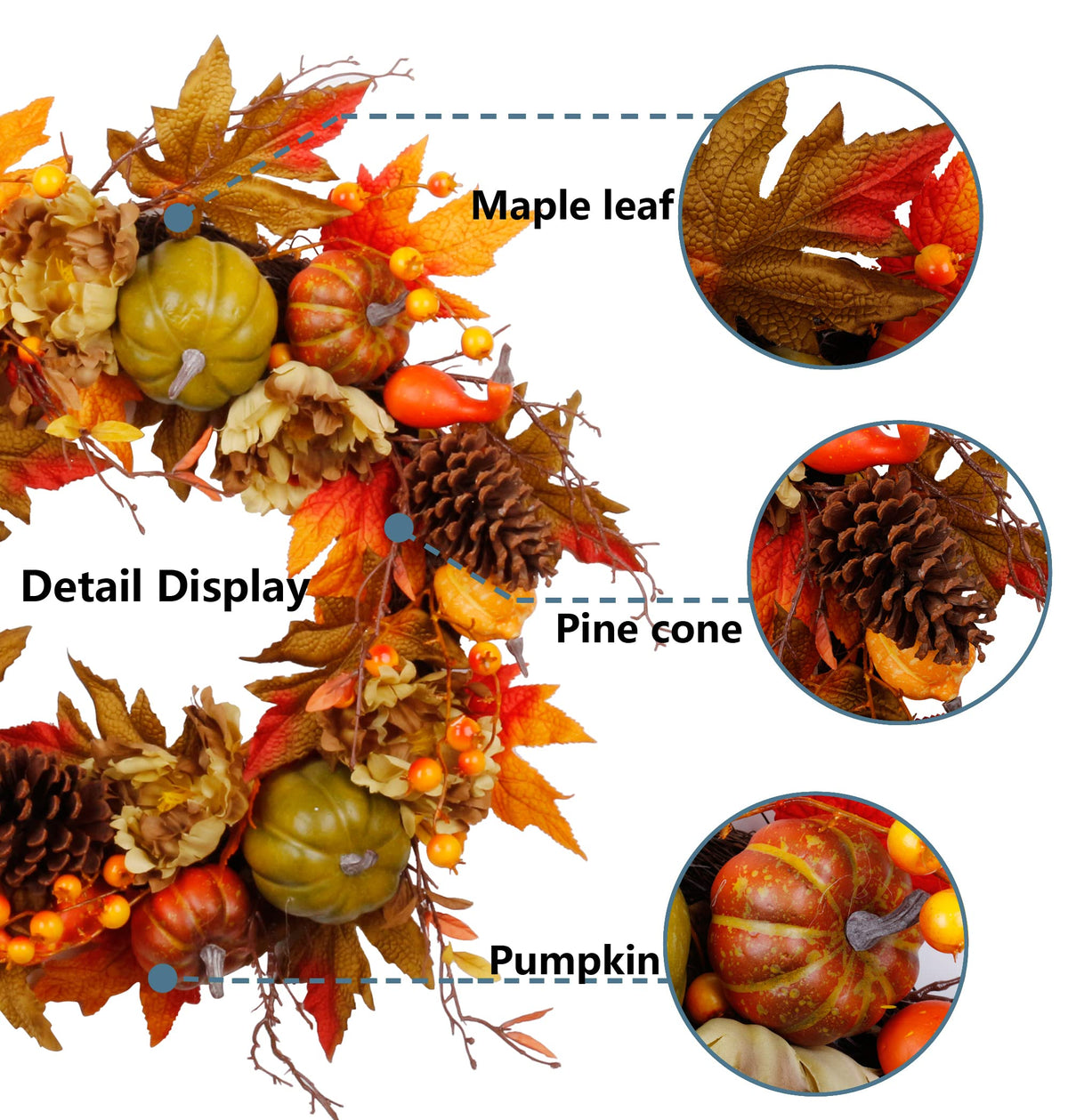 SOFTFLAME 20" Fall Wreath for Front Door, Autumn Artificial Wreath with Pumpkin, Pine Cone, Maple Leaves, Berries, Gift Ideal for Halloween Thanksgiving Home Decoration