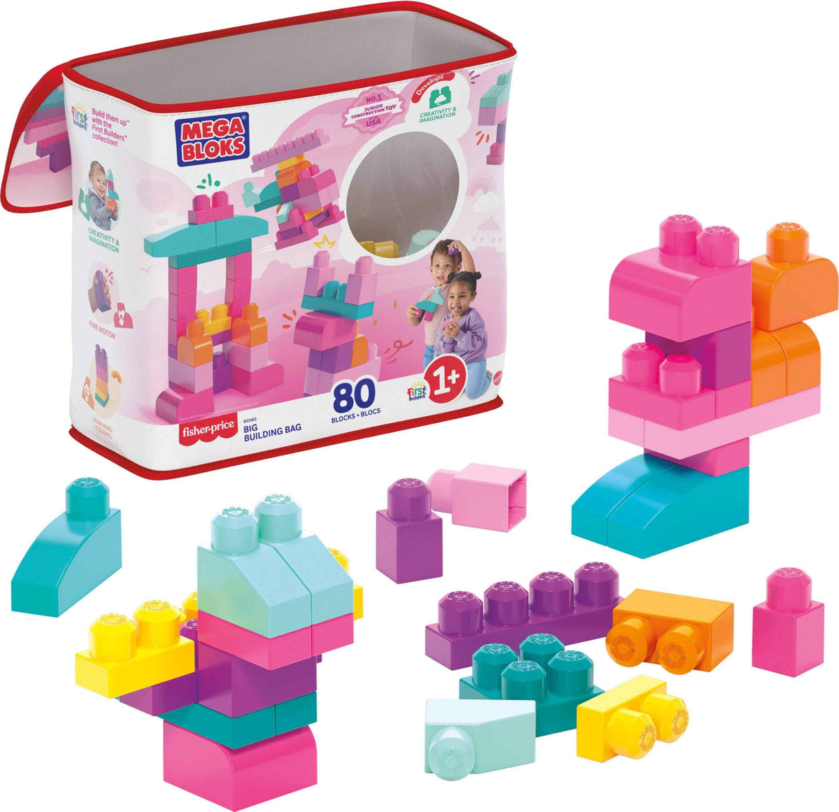 MEGA BLOKS First Builders Toddler Blocks Toys Set, Big Building Bag Collection with 80 Pieces and Storage, Pink, Ages 1+ Years 🍁 All In One Marketplace Canada