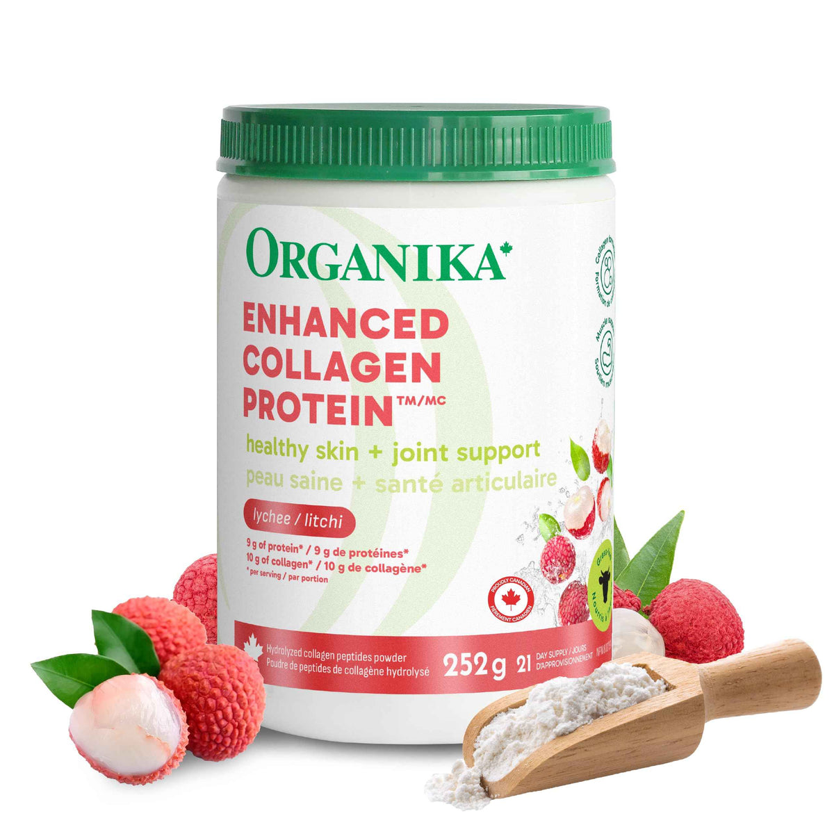 Organika Canadian-Made Enhanced Collagen Protein Powder- Lychee Flavour - Delicious flavour, High Protein Content - Hydrolyzed For Better Absorption – Grass-Fed, Non-GMO - 252g 🍁 All In One Marketplace Canada