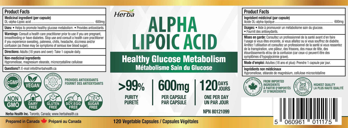 Herba Alpha Lipoic Acid 600mg – 120 Capsules | >99% Ultra Pure | Made in Canada | Blood Sugar Support Supplement 🍁 All In One Marketplace Canada