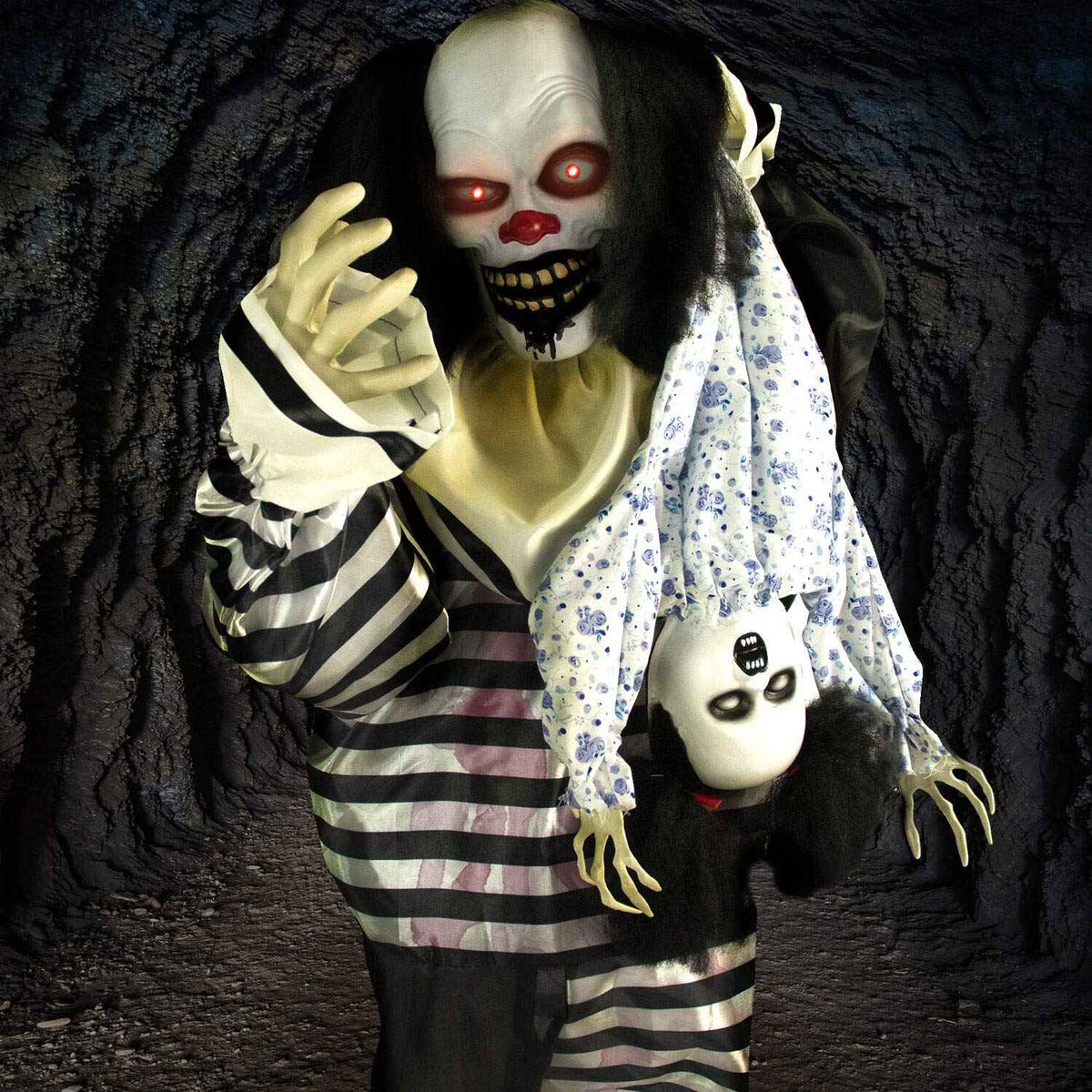 Haunted Hill Farm Life-Size Animatronic Scary Talking Clown with Doll, Motion, Touch Activated Lights, and Sounds, Indoor or Covered Outdoor Halloween Decorations, Battery Operated Halloween Props