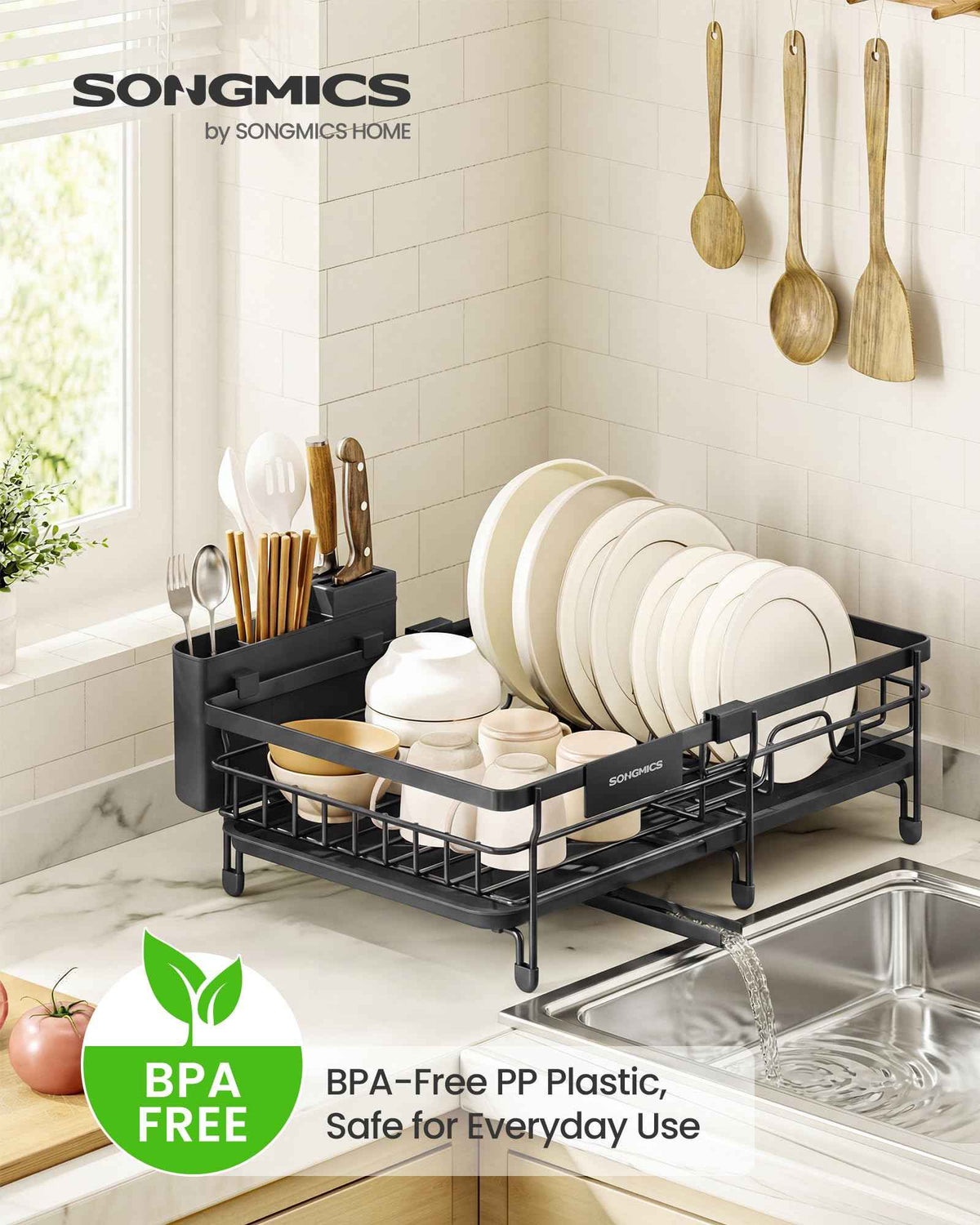 SONGMICS Dish Drainer Rack, Large Extendable Draining Board Rack for Small Spaces, 360° Rotating Extendable Spout, Kitchen Sink Drainer, Steel, 46.5 x 29.6 x 14 cm, Ink Black KCS556BH01 🍁 All In One Marketplace Canada