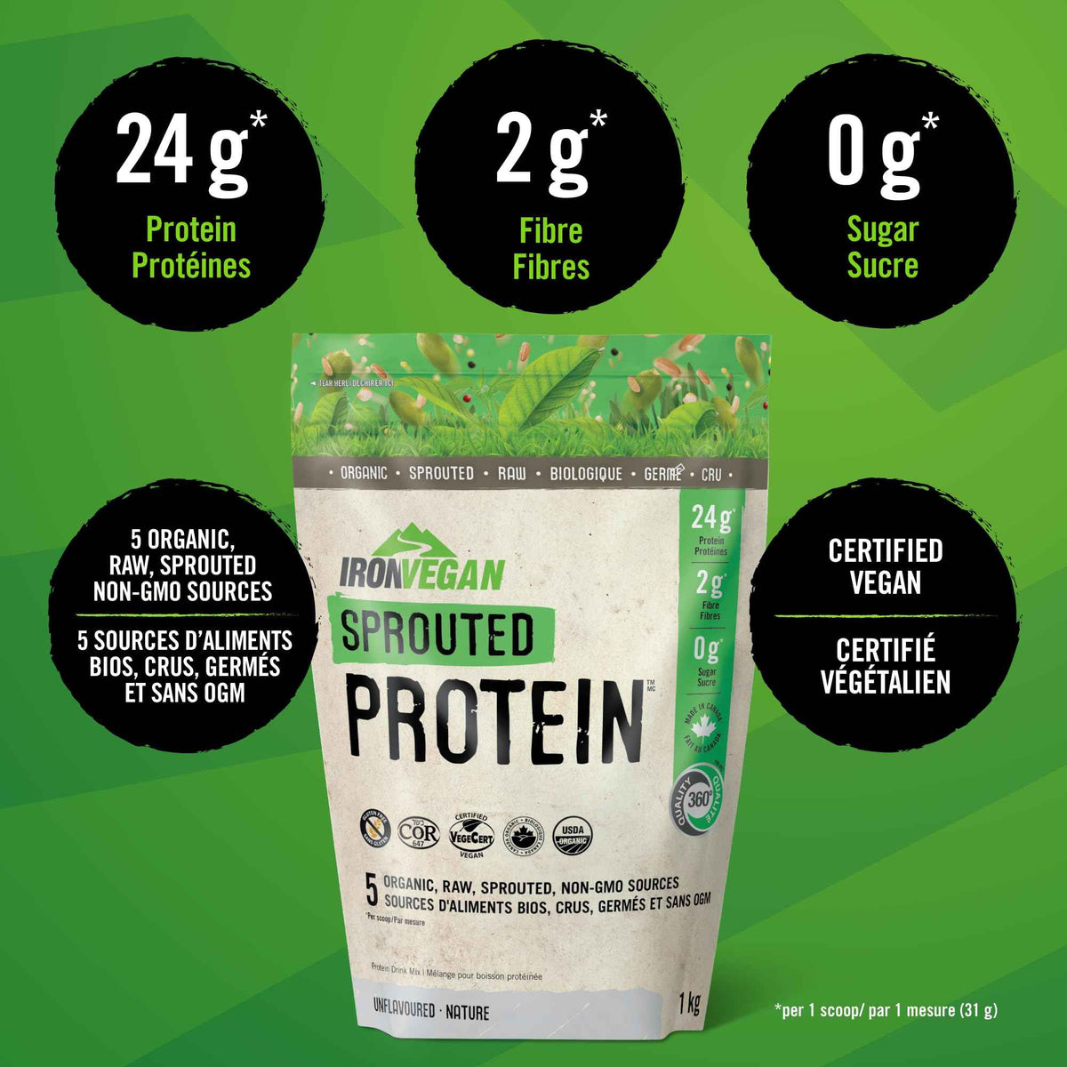 Sprouted Protein, Unflavoured, 1kg | Vegan, plant-based, organic, gluten-free, Beige 🍁 All In One Marketplace Canada
