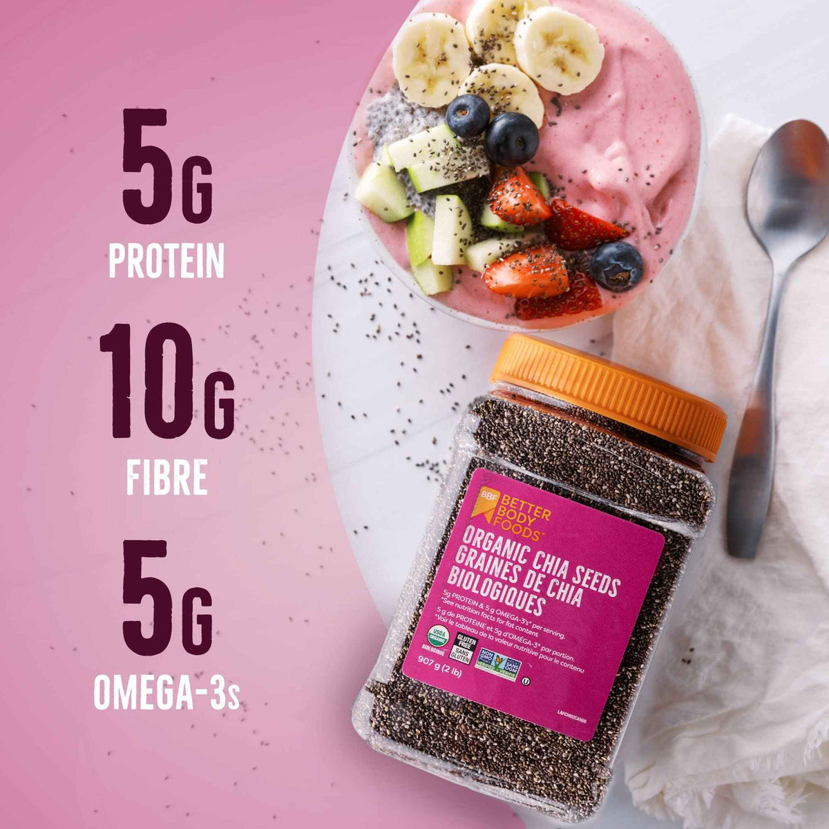 Betterbody Foods Organic Chia Seeds with Omega-3, Non-GMO, Gluten-Free, Vegan, Kosher, 2 pounds (907 grams) 🍁 All In One Marketplace Canada
