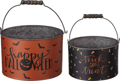 Primitives by Kathy Halloween Metal Buckets, Set of 2, Trick or Treat, Happy Halloween