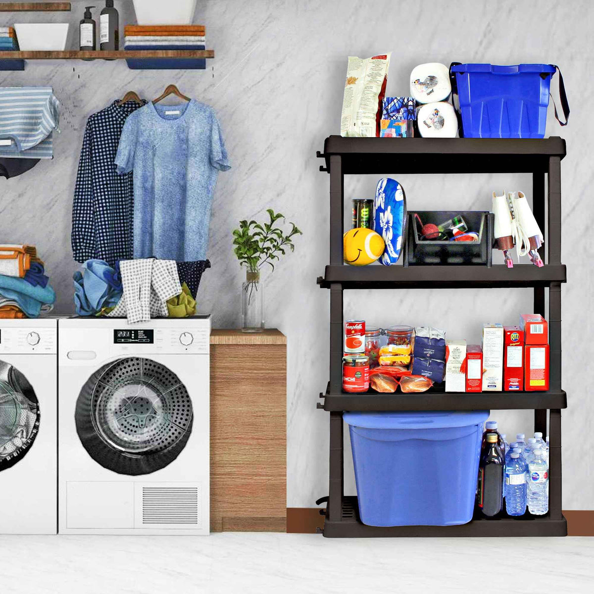 Koolatron Oscar Heavy Duty Plastic Storage Shelves- for Garage, Kitchen, Bathroom Basement, Kids Room, Toys,Stackable 4-Tier Black, Organizer Rack for Books Shoes, Pantry, Cleaning, Made in Canada 🍁 All In One Marketplace Canada