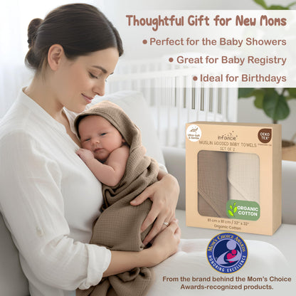 Infancie 100% Organic Cotton Muslin Hooded Baby Towels 2 Pack 81 X 81 CM Shower Towel Soft Breathable Lightweight Quick Dry Gentle On Baby Skin for Newborns and Infants 🍁 All In One Marketplace Canada