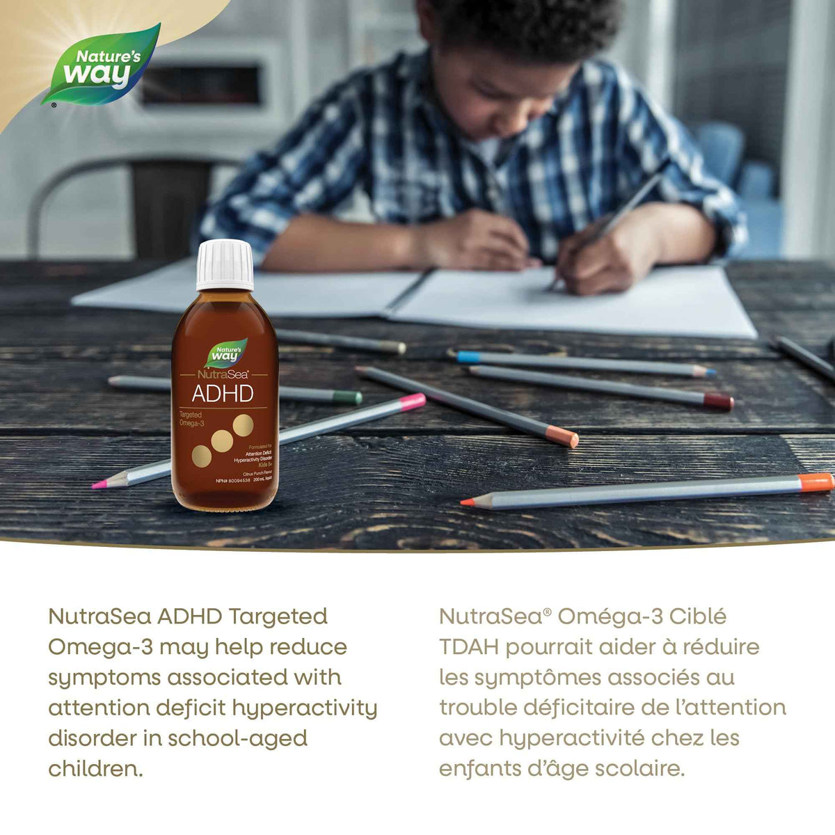 Nature's Way NutraSea ADHD Targeted Omega-3, For kids age 5+, 940 mg of EPA + DHA, 80 mg of GLA, 500 IU Vitamin D3, 200 ml Liquid 🍁 All In One Marketplace Canada
