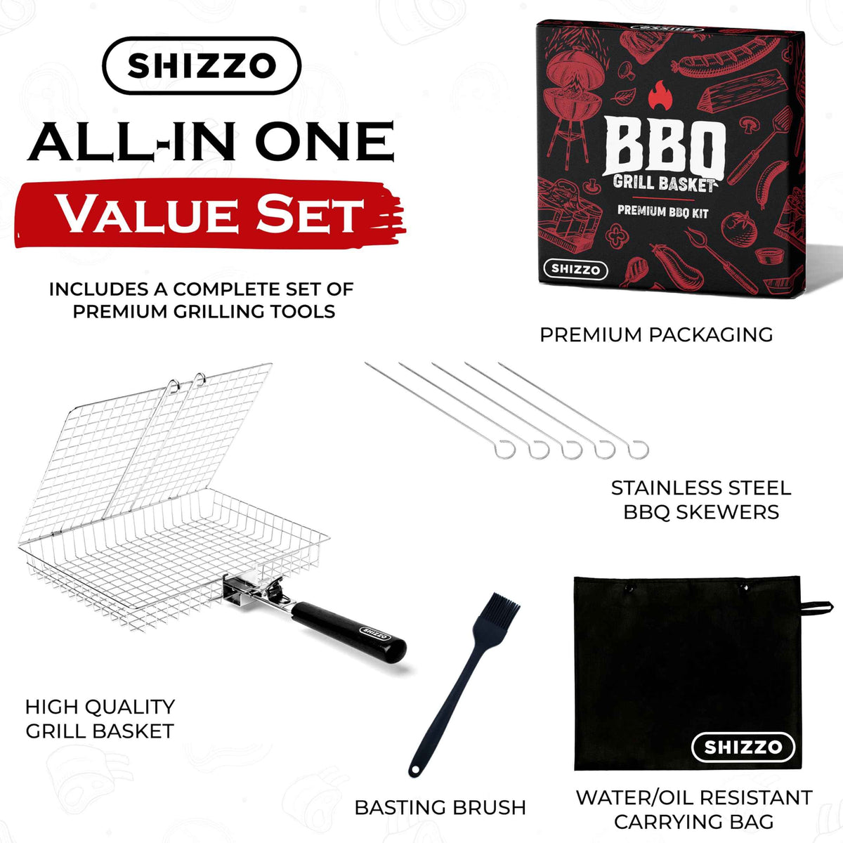 SHIZZO Grill Basket Value Set, Barbecue BBQ Grilling Basket , Stainless Steel Large Folding Grilling baskets With Handle, Portable Outdoor Camping BBQ Rack for Fish, Shrimp, Vegetables, Barbeque Griller Cooking Accessories, Gift, Gifts for father, dad, hu