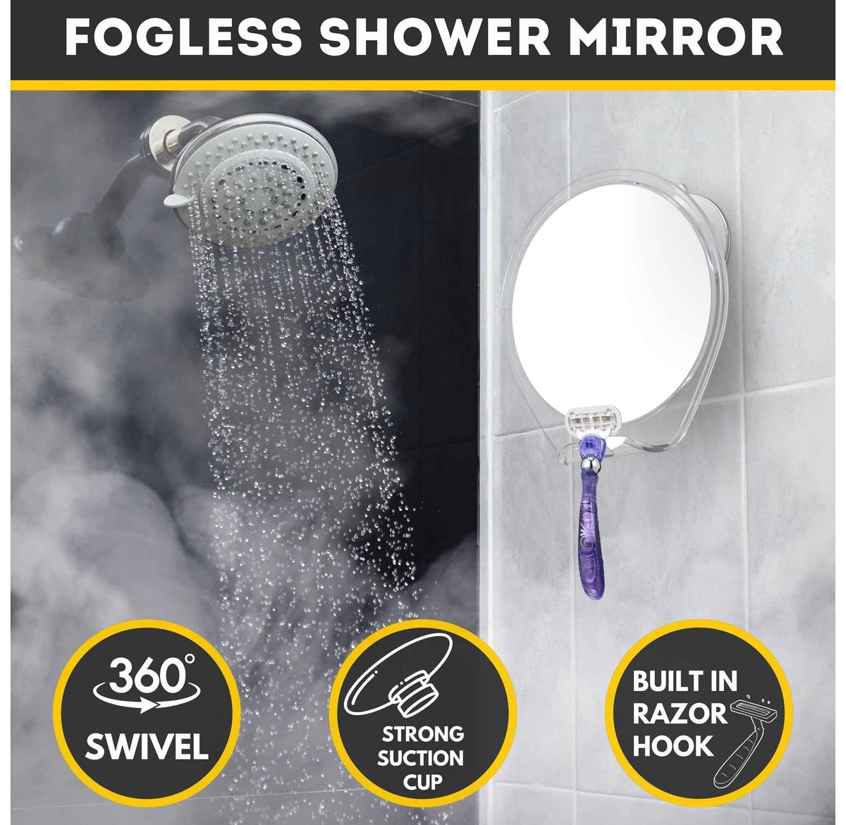 HONEYBULL Fogless Shower Mirror with Suction Mount & Swivel – Anti-Fog Acrylic Bathroom Mirror for Shaving – Built-in Razor Holder, Easy Install, Home Shower Accessory (White) 🍁 All In One Marketplace Canada