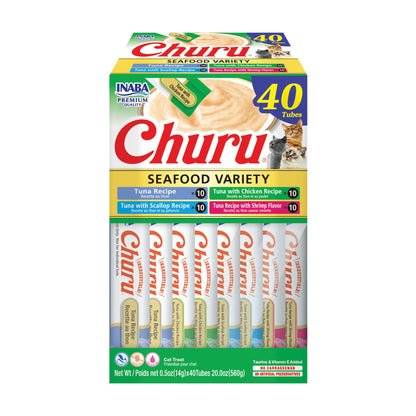 INABA Churu Cat Treats, Lickable, Squeezable Creamy Purée Cat Treat with Green Tea Extract & Taurine, 14 Grams Each Tube, 40 Tubes, Tuna & Seafood Variety Box 🍁 All In One Marketplace Canada