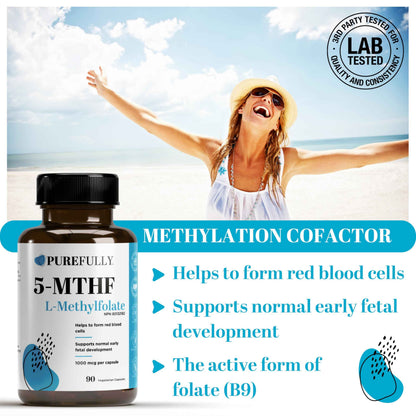 PUREFULLY 5-MTHF 1000mcg, 90 Capsules - L Methylfolate (Active Form of Vitamin B9 Folate) Supplement - Supports Cardiovascular Health and Early Fetal Development 🍁 All In One Marketplace Canada